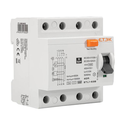 ETEK Electric FI-Schutzschalter Typ B Allstromsensitiv 10kA ETL1-63B – 4-polig für Photovoltaik & Ladestationen